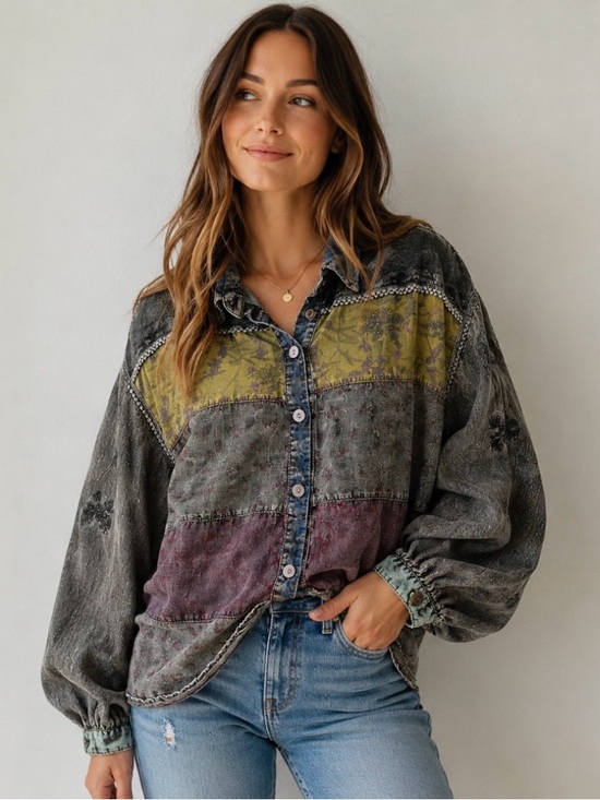 Young Threads Tops - Young Threads Boutique Patchwork Bohemian Top Long Sleeve Lightweight Western